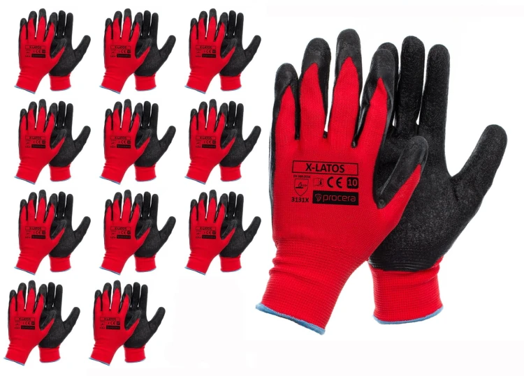 X-LATOS Rękawice robocze – czerwony poliester, powleczenie lateksem - zdjęcie 2