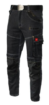 Spodnie Robocze Jeansowe STRETCH Czarne 340g - 11 Kieszeni, Odblaskowe