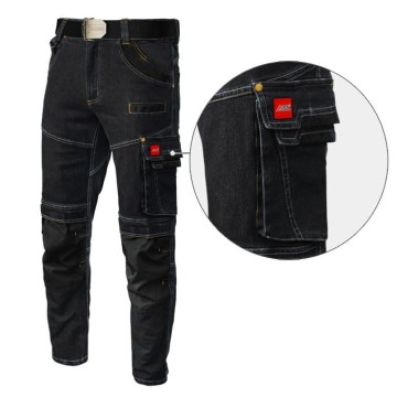 Spodnie Robocze Jeansowe STRETCH Czarne 340g - 11 Kieszeni, Odblaskowe - zdjęcie 2