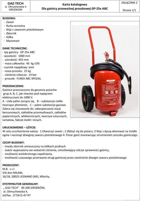 Gaśnica proszkowa 25 kg ABC/E przewoźna GAZ-TECH - zdjęcie 5